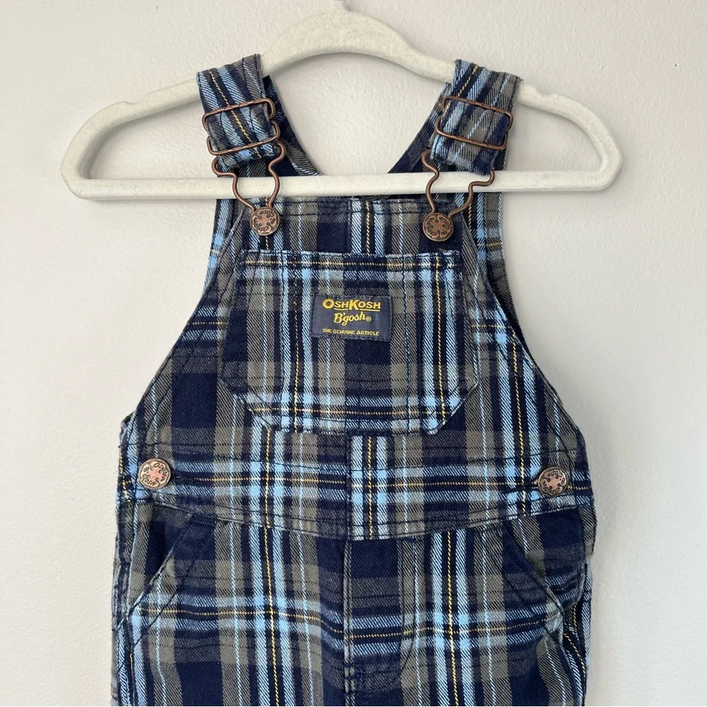 VTG OshKosh B'gosh Baby 3M Navy Blue Green Plaid Overalls Vestbak Cotton RETRO